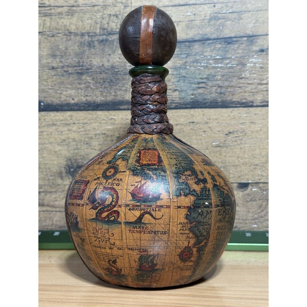 Vintage Italian Leather Wrapped Decanter Old World Map Globe Italy Dragon Ships
